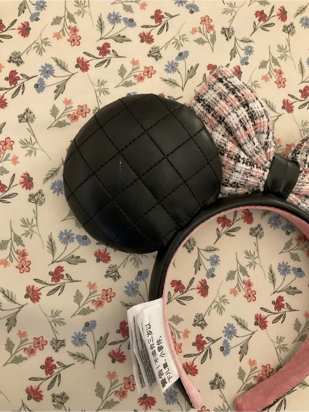 Disney Black Quilted Pearl Minnie Ear Headband with Pink Plaid Bow